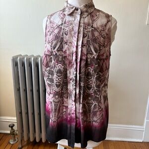 FYLO Pink And Black Abstract Psychedelic Print Sleeveless Collared Blouse